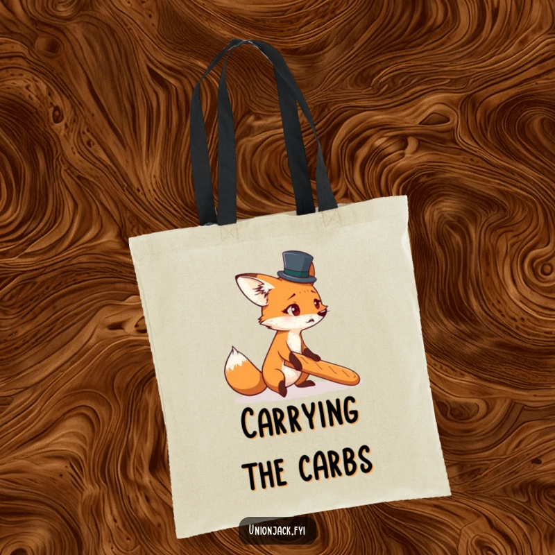 Funny tote bag featuring a startled fox in a top hat, comically tripping over a baguette, for a humorous touch.