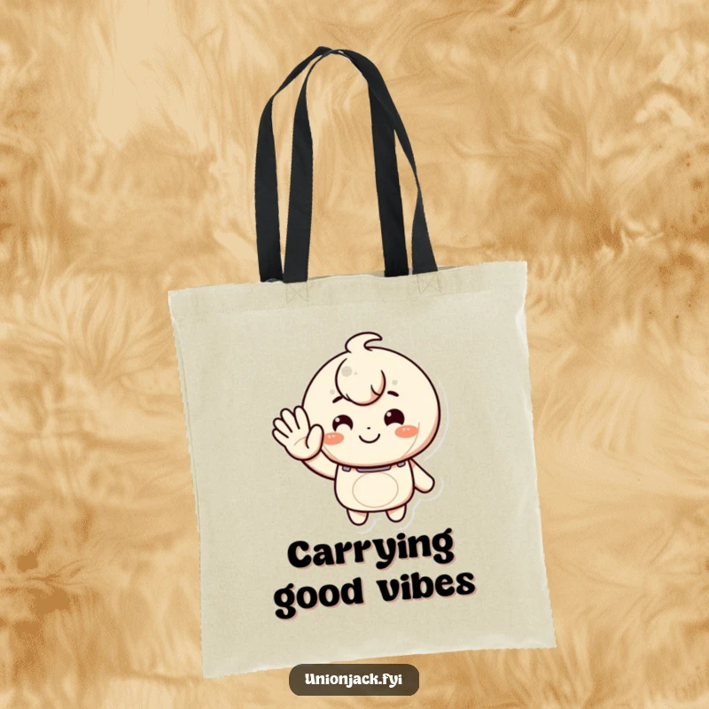 Funny tote bag featuring a character giving a warm, inviting wave with a smile, perfect for carrying items with a friendly, humorous touch.