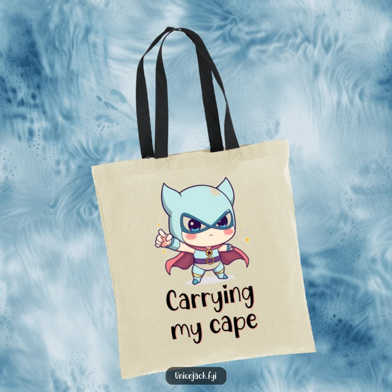 Funny tote bag displaying a cute character in a triumphant and heroic pose, perfect for daily use.