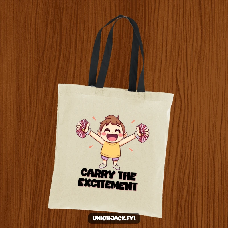 Funny tote bag with a jovial character joyfully cheering with pom-poms, bringing vibrant energy wherever you go.