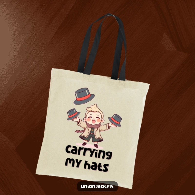 Funny tote bag with a character playfully juggling tiny bowler hats, a humorous and stylish accessory.