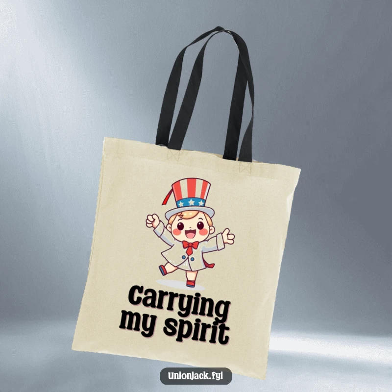 Funny tote bag with a happy character doing a patriotic jig, perfect for carrying items with festive energy.