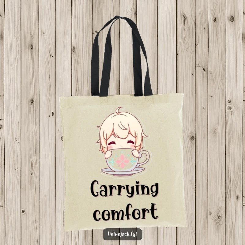 Funny tote bag with a content character holding a tea cup, perfect for carrying daily items.