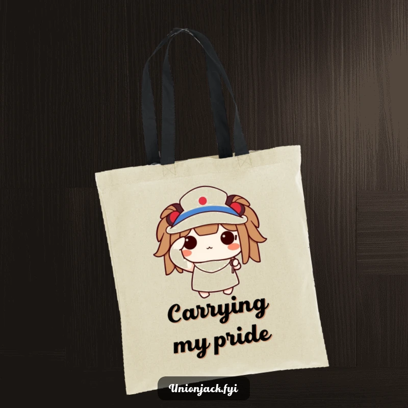 Funny tote bag with a cute character saluting proudly and holding a tiny flag, perfect for carrying items with pride.