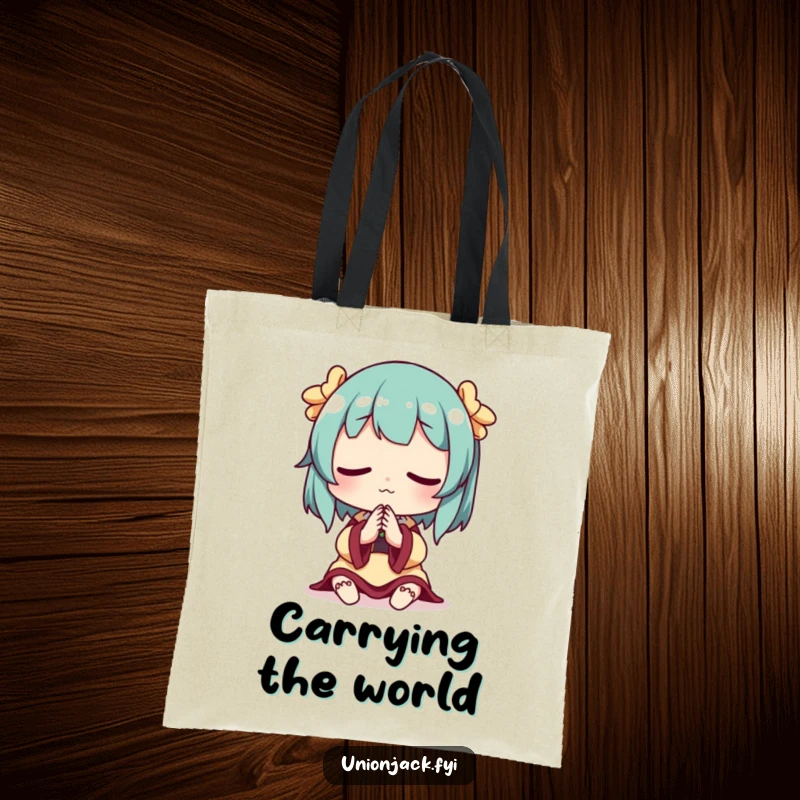 Funny tote bag with a character deep in thought, hands clasped, perfect for carrying books or groceries.