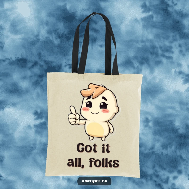 Funny tote bag with a character giving a cheeky thumbs up, a stylish and humorous accessory.