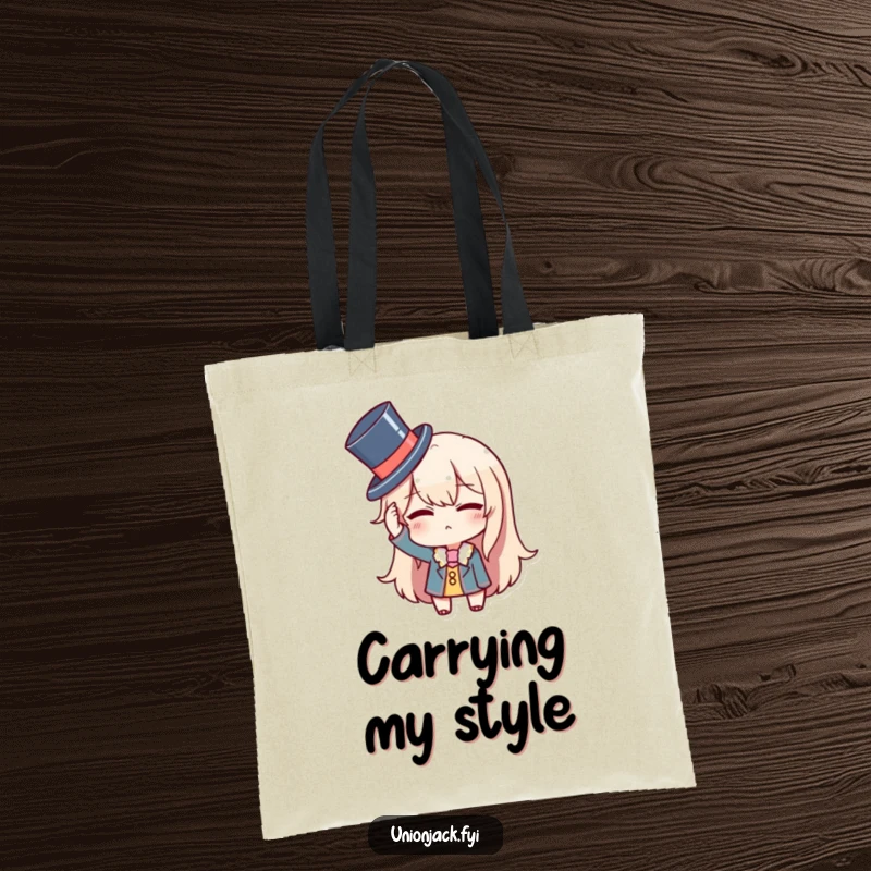 Funny tote bag featuring a character comically adjusting a tiny top hat and winking, perfect for carrying essentials with a touch of humor.