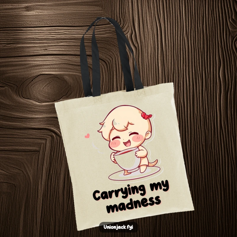 Funny tote bag with a giggling character, rosy cheeks, playfully throwing a teacup, perfect for carrying essentials with a smile.