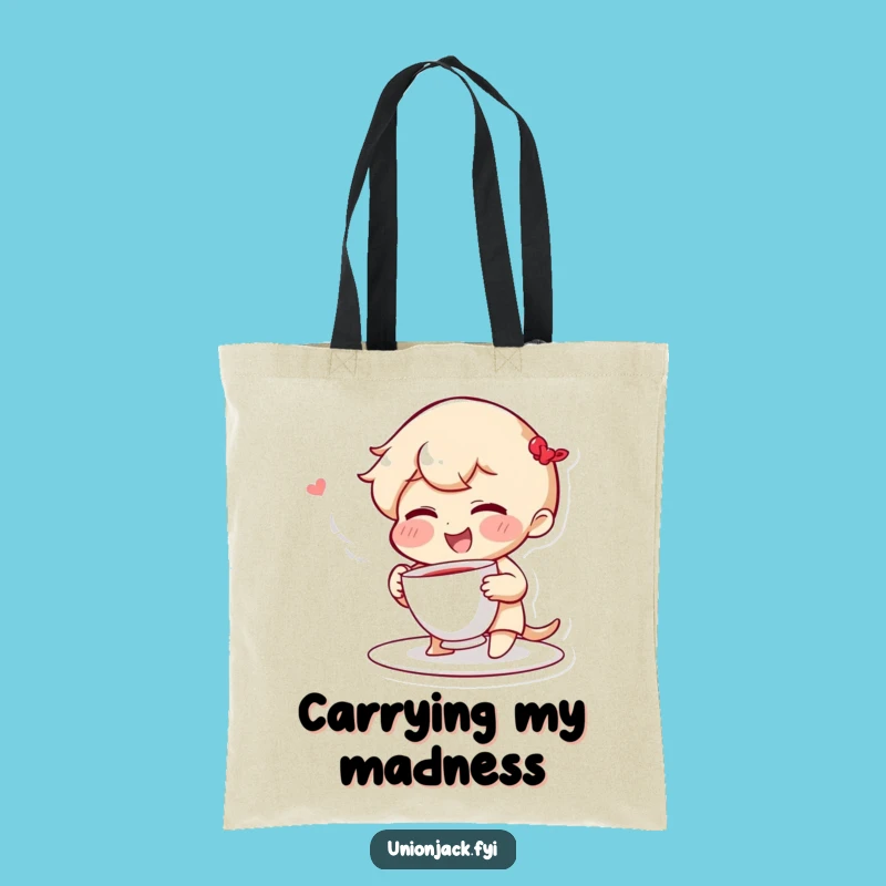 Funny Tote Bag: Giggling Character Tosses Teacup, Chic and Funny Gift