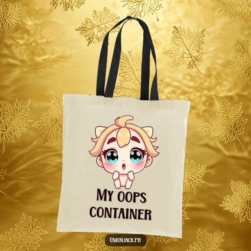 Funny tote bag showcasing a character with wide, surprised eyes and raised eyebrows, perfect for carrying items with a touch of comical shock.
