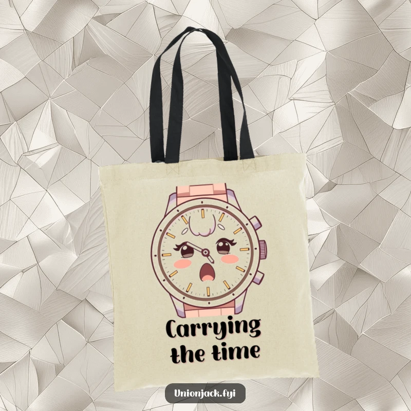 Funny tote bag with a surprised character, raised eyebrows, looking with admiration at a large watch face, perfect for carrying essentials with wonder.