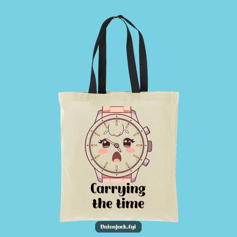 Funny Tote Bag: Surprised Character Admires Watch Face, Chic Funny Gift