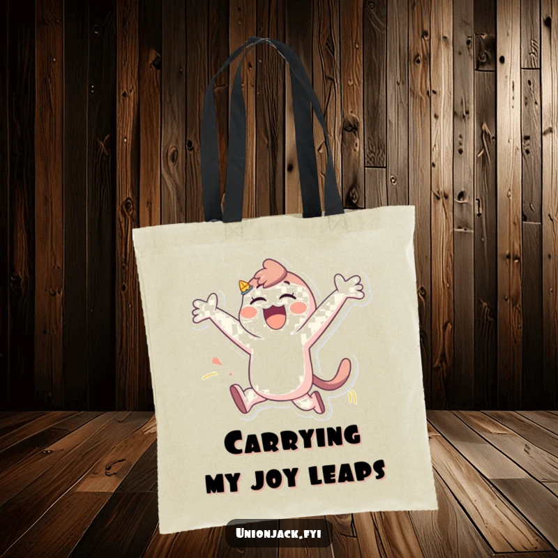 Funny tote bag showcasing a character in a dynamic, playful leap with arms wide open, ready for adventure and fun.