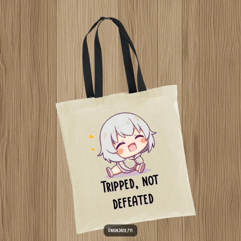 Funny tote bag showing a character comically tripping but smiling, perfect for carrying daily items.