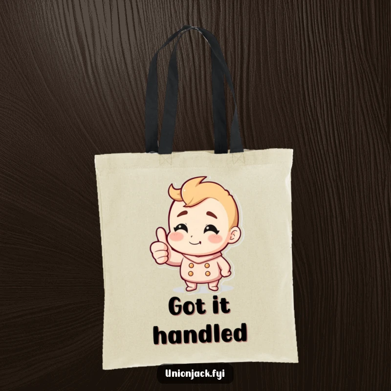 Funny tote bag with a character giving a confident thumbs up and a cheeky grin, perfect for carrying daily items with humor.