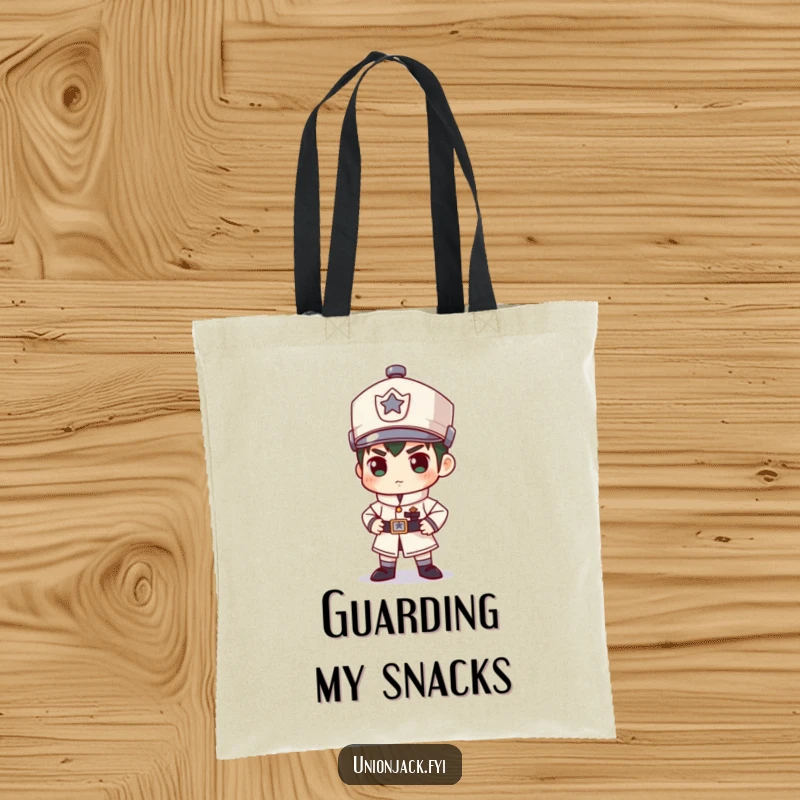 Funny tote bag illustrating a character maintaining a comically stiff and formal guard posture, perfect for carrying essentials with humor.