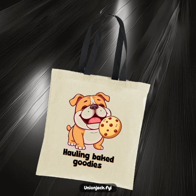 Funny bulldog tote bag with a cheerful character comically playing fetch with a bouncing scone, a humorous and practical bag.