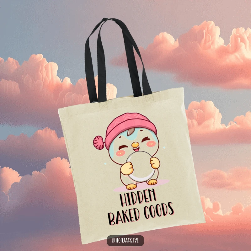 Funny tote bag with a delighted character winking and holding a scone, perfect for carrying baked goods with style.