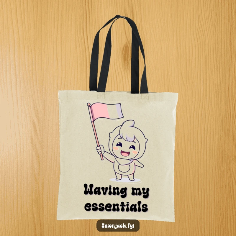 Funny tote bag with a cheerful character enthusiastically waving a flag, perfect for carrying items with spirited flair.
